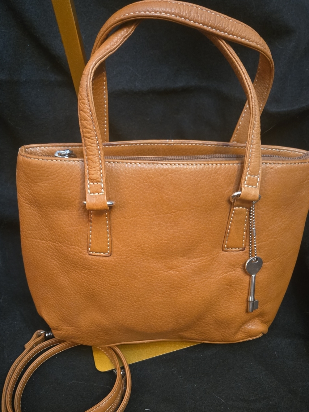 Fossil Cognac Leather Crossbody or Tote with Key Charm Vintage Bag